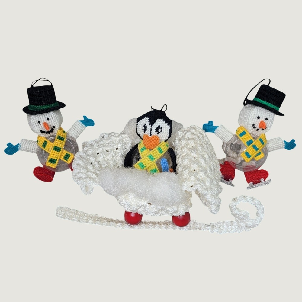 Vintage Handmade Plastic Canvas Snowman Penguin Sleigh Christmas Ornaments 4pc